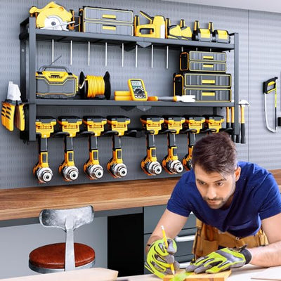 SOYEEZE Power Tool Organizer,8 Drill Holder Wall Mount,3 Layer Power Tool Storage Rack,Garage Utility Tool Rack & Hanger with Screwdriver