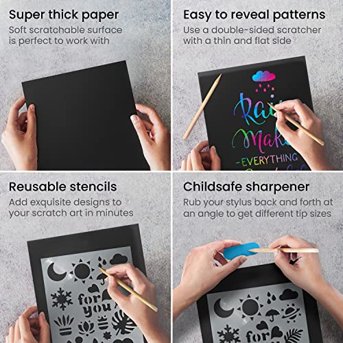 Arteza Scratch Paper, Set of 42 Sheets, 10.9 x 8.2 Inches, Includes 4 Unique Patterns, 4 Scratchers, 4 Stencils, 4 Post Cards, Art Supplies for Craft ARTEZA
