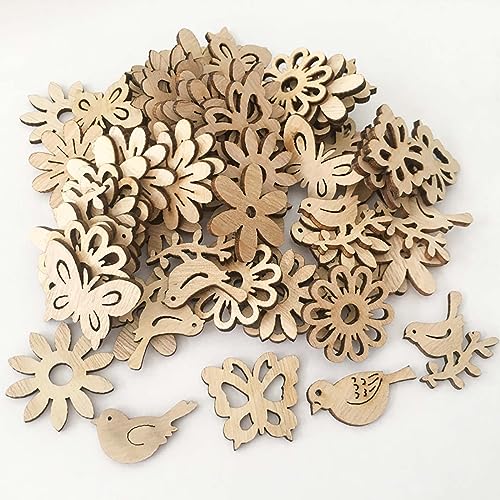 Creaides 100pcs Mini Bird Wood DIY Crafts Cutouts Wooden Bird Flower Butterfly Slices Embellishments Gift Unfinished Wood Ornaments for DIY Projects Creaides