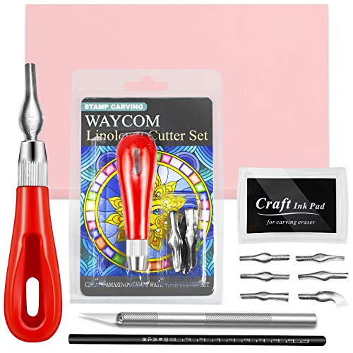 WAYCOM Rubber Stamp Making Kit,Rubber Carving Block Linoleum Cutter Set Rubber Stamp Carving Block Craft Ink Pad Hobby Knife Pencil for DIY Stamp WAYCOM