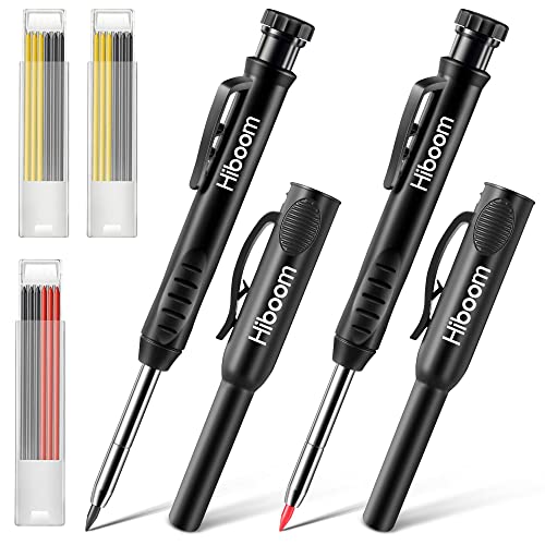 Hiboom 2 Pack Solid Carpenter Pencils with Pencil Cap and 18 Refills, Long Nose Deep Hole Mechanical Pencil Marker, Scribe Tool with Built-in Hiboom