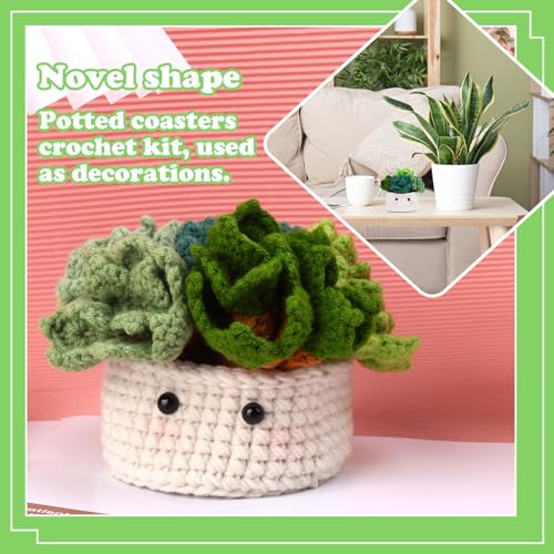 FTEVEN Beginners Crochet Kit, 6pcs Coasters Crochet Starter Kit Plant Pot, Complete Craft Knitting Supplies Kit with Step-by-Step Video Tutorials, FTEVEN