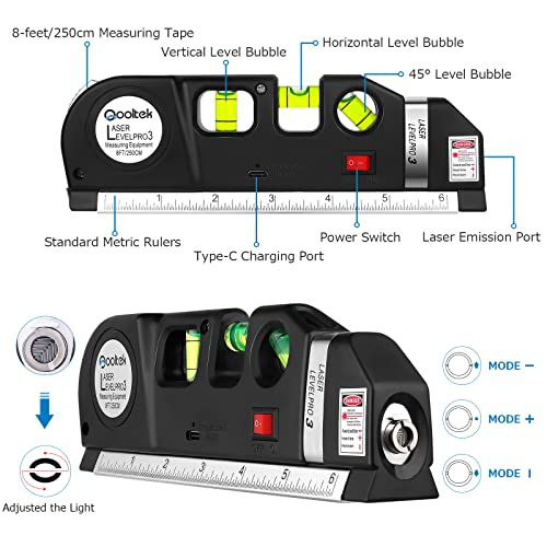 Laser Level line tool, Qooltek Multipurpose Cross Line Laser Adjusted Standard and Metric Rulers for hanging picture with Metal Tripod Stand and Qooltek