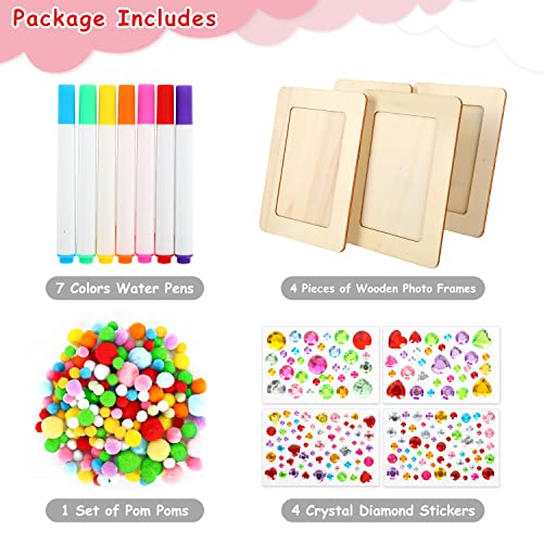 Whaline 16Pcs Picture Frame Painting Craft Kit with Painting Pens Diamond Stickers Pom Poms Frame Display Wooden DIY Photo Frames for Wall Tabletop Whaline