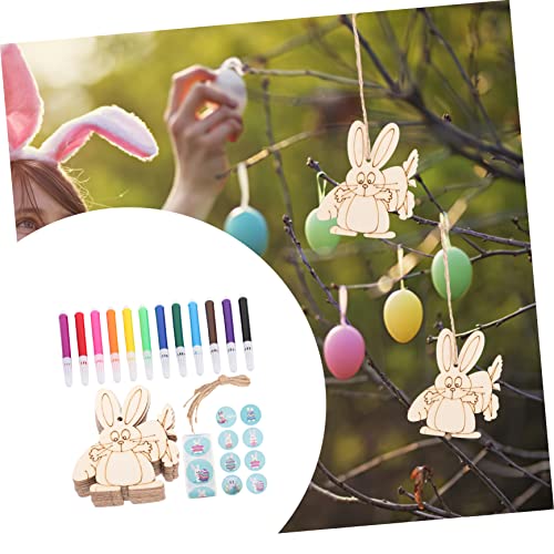 VILLCASE 1 Set Wooden Painting Toy Unfinished Wood Bunny Chips Easter Party Hanging Ornament Blank Wood Bunny Kid Crafts Easter Ornaments Watercolor VILLCASE