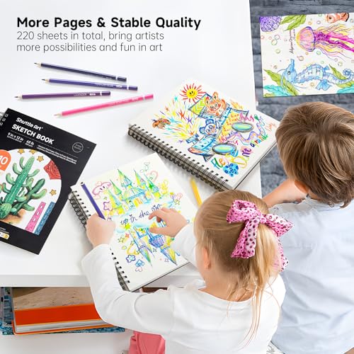 Shuttle Art 9x12” Sketchbook, 220 Sheets Total, Pack of 2(110 Sheets Each), 68lb/100gsm Thick Paper, Spiral Bound Mixedmedia Sketch Pad, Acid-free Shuttle Art