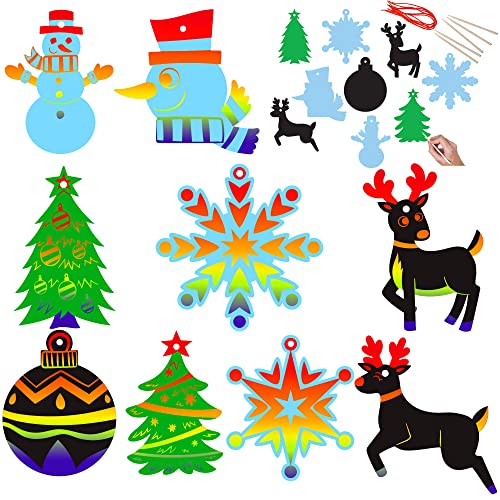 JOYIN Rainbow Color Scratch Christmas Ornaments, 72 Pack Craft Kit Toys Include Snowman, Snowflakes, Christmas Tree, and Reindeer JOYIN