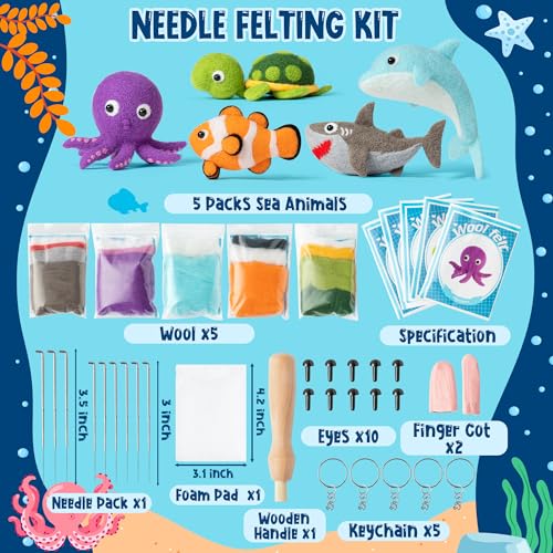 WATINC Set of 5 Sea Wool Needle Felting Kit, Ocean Animals Doll Making Wool Needle Felting Starter Kit, DIY 5 Unique Designs Needle Felting Craft WATINC