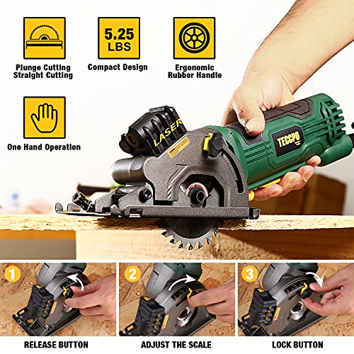 Mini Circular Saw, TECCPO 4.8Amp Compact Circular Saw, 3700RPM, with Laser Guide, Scale Ruler, Vacuum Port, 3 Blades for Cutting Woods, Tile and Soft TECCPO