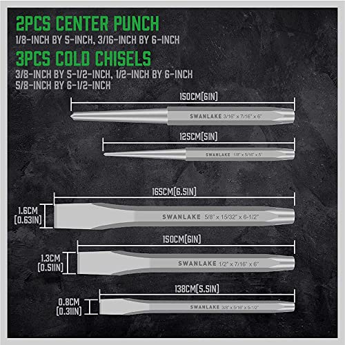 SWANLAKE Punch and Chisel Set, Including Taper Punch, Cold Chisels, Pin Punch, Center Punch (16pcs) SWANLAKE GARDEN TOOLS