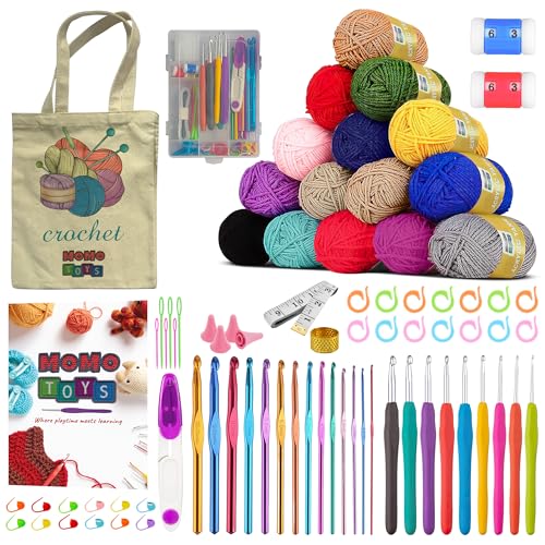 MOMOTOYS Beginner Crochet Kit w/ 130 Page Book, Crochet Yarn Set, Crochet Hook Kit & Crochet Needle Kit - Crochet Kits for Beginners - Crocheting Kit MOMOTOYS