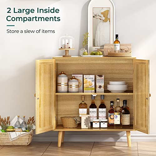 Huuger Buffet Cabinet with Storage, Storage Cabinet with PE Rattan Decor Doors, Accent Cabinet with Solid Wood Feet, Sideboard Cabinet for Hallway, Huuger
