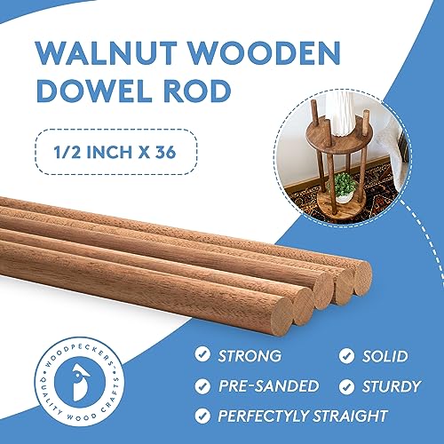 Walnut Wood Dowels 1/2 inch x 36 Pack of 1 Wooden Dowels 36” inch Long, Wooden Craft Sticks for Crafting & Woodworking, by Woodpeckers Woodpeckers