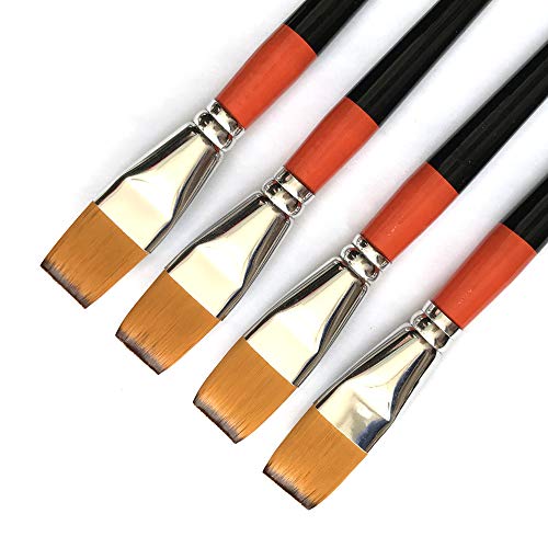 One Inch Flat Bright Paint Brush, Pack of 4, Premium Quality Synthetic Sable Hair for Acrylic Watercolor Oil Gouache Painting by Students, ONE HAPPY CHOICE