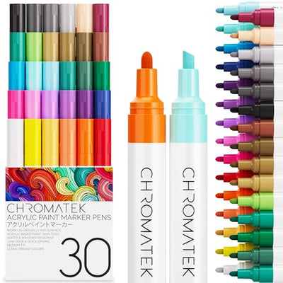 CHROMATEK Dual Tip Acrylic Paint Pens for Rock Painting, Stone, Ceramic, Glass, Wood - 30 Vibrant Solid Colors - Waterproof, Quick Drying, Never Fade