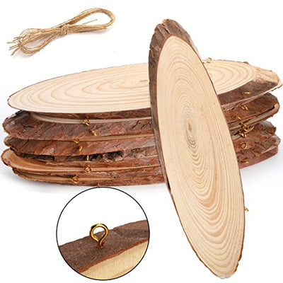 DEAYOU 8 Pack Natural Wood Slices, Unfinished Wood Crafts with Bark, Tree Slice Wooden Sign with Small Eye Ring, Wood Slab Plaque Plank for