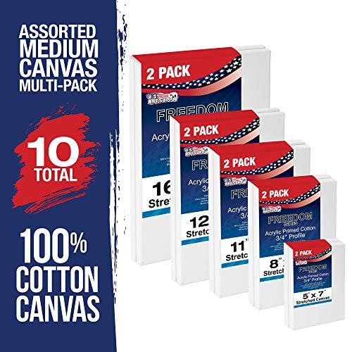 U.S. Art Supply Professional Quality Stretched Canvas, Multipack of 10 Medium Sizes, 2 Each 5x7, 8x10, 11x14, 12x16, 16x20 Inches - 12-Ounce Primed, U.S. Art Supply