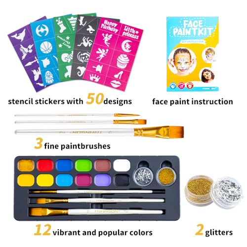 Transon 12colors Face Painting Kit for Kids Adults Non-toxic Water-based Paint with Brushes Stencils and Glitters TRANSON