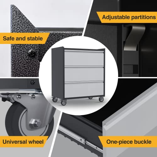 Aobabo Metal Tool Storage Cabinets with Wheels,3 Drawers Rolling Tools Chest Cabinet for Garage,Warehouse,Assembly Required Aobabo