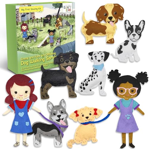 CRAFTILOO 8 Pre-Cut Dogs Stuffed Animal Fun Kids Sewing Kit for Kids Ages 8-12 Children Beginners Sewing kit Kid Puppy Crafts Felt Pillow Plush Craft CRAFTILOO
