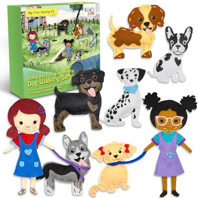 CRAFTILOO 8 Pre-Cut Dogs Stuffed Animal Fun Kids Sewing Kit for Kids Ages 8-12 Children Beginners Sewing kit Kid Puppy Crafts Felt Pillow Plush Craft