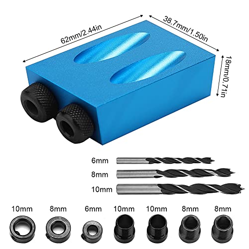 Pocket Hole Jig, 15 Degree Dowel Drill Joinery Kit, 6/8/10mm Drive Adapter for Woodworking Angle Drilling Holes, Carpenters Wood Woodwork Guides EBTOOLS