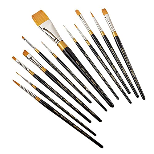 KINGART Premium Original Gold Series Handcrafted Golden Taklon Multimedia Artist Brushes, Gift Box, Set of 12, Black Glosss Handle, for Oil, Acrylic, KINGART