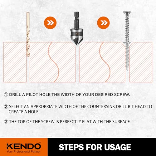 KENDO 5PCS Countersink Drill Bit Set, High Speed Steel Countersink Bits, 82 Degree 5 Flute Pieces, 1/4 Inch Hex Shank, Fit for Sink Holes into Kendo