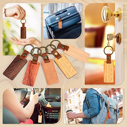 50 Pcs Leather Keychain Blanks Wooden Keychain Blanks Wood Keychain Blank Unfinished Wood Tags with Leather Strap Keyring (White Maple, Walnut, Sasylvia