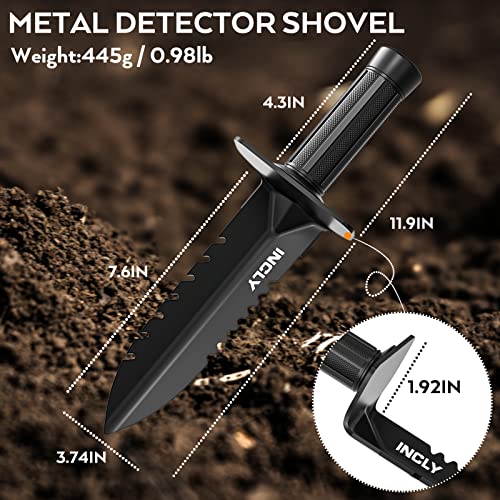 INCLY Metal Detector Shovel, Heavy Duty Double Serrated Edge Digger, Detecting Digging Tool with Sheath for Belt Mount, Gardening & Detecting INCLY