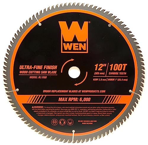 WEN BL1200 12-Inch 100-Tooth Carbide-Tipped Ultra-Fine Finish Professional Woodworking Saw Blade for Miter Saws and Table Saws, Silver WEN