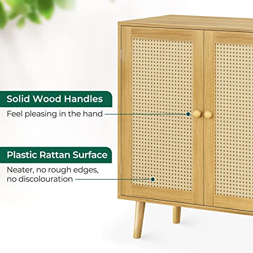 Huuger Buffet Cabinet with Storage, Storage Cabinet with PE Rattan Decor Doors, Accent Cabinet with Solid Wood Feet, Sideboard Cabinet for Hallway, Huuger