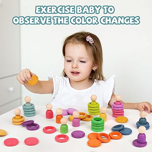 Montessori Toys Wooden Color Sorting Stacking Rings Toy Rainbow Wooden Peg Dolls Counting Toys Circular Building Blocks Stacking Game Preschool Agirlgle