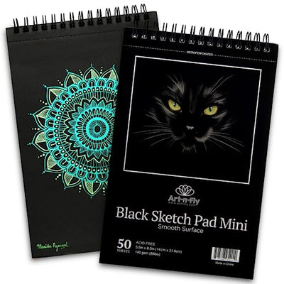 Art-N-Fly Black Sketch Pad Mini 5.5x8.5" 2 Pack - Black Paper Sketchbook for Drawings, Perforated Edge on Spiral 100 Sheets Total - Art Sketch Book
