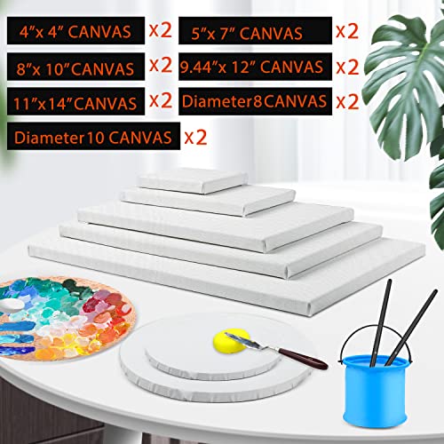 14 Packs Stretched Canvases for Painting,Multi Pack 11x14, 9.44x12, 8x10, 5x7, 4x4, Round Canvas with 8x8,10x10(2 of Each), Blank Primed Canvas for ESRICH