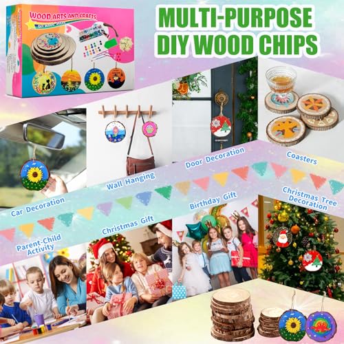 Christmas Wooden Arts and Crafts Kits for Kids Ages 8-12, 24 Wood Slices with Diamond Painting, DIY Creative Art Toys for Girls Boys, Arts&Crafts LATEEFAH