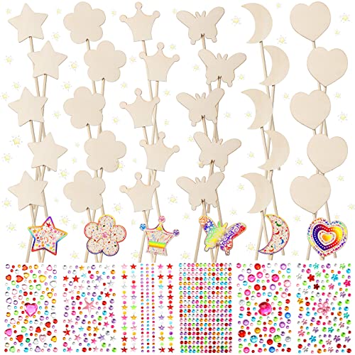 42 Pcs Princess Fairy Wands Kit, Include 36 Pcs Wooden Unfinished Wand DIY Princess Wand with 6 Sheet Colorful Diamond Sticker for Girls Make Your Cindeer