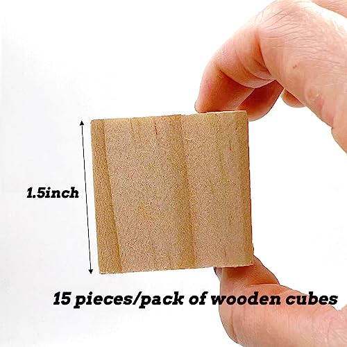 Wooden Blocks for Crafts, Unfinished Wood Cubes, 1.5 Inch Natural Wooden Blocks, Pack of 15 Wood Square Blocks, Wooden Cubes for Arts and Crafts and SIWUCHYE