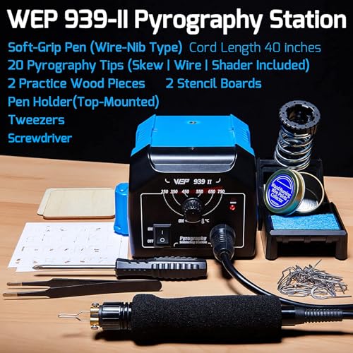 WEP 939-II Pyrography Station Wood Burning Kit 32-IN-1 with 20 Wood Burner Tips Comfort Pen with 2 Letter Number Stencils, 2 Unfinished Wood, 1 Pen WEP
