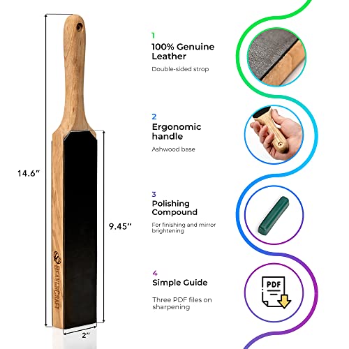 BeaverCraft LS6P1 Leather Strop Kit with Sharpening Polishing Compound 14" x 2" Knife Stropping Block & Honing Compound Knife Sharpener Leather Strop BeaverCraft