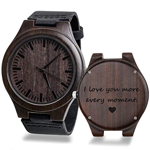 KOSTING Engraved Mens Handmade Vintage Analog Quartz Personalized Wooden Watches Custom Men Watch with Cowhide Leather Strap Sleek Ebony Wood KOSTING