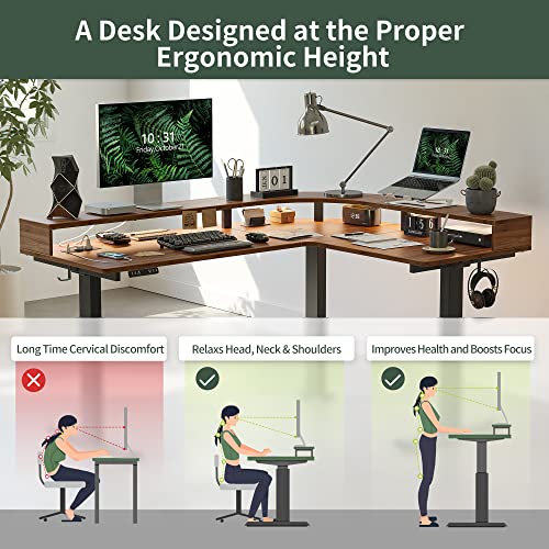 FEZIBO Triple Motor L Shaped Stadning Desk with LED Strip & Power Outrlets,63 inches Height Adjustable Stand up Corner Desk with Ergonomic Monitor FEZIBO