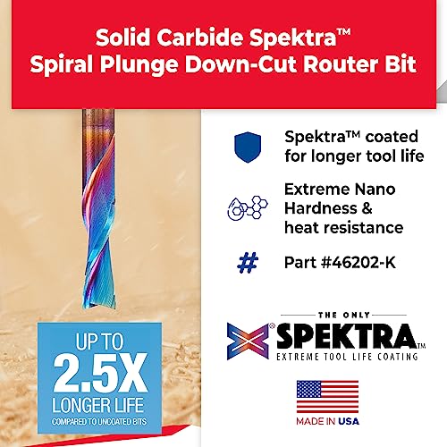 Amana Tool 46202-K Solid Carbide Spiral Plunge Router Bit Down Cut 1/4 Dia x 3/4 x 1/4 Inch Shank, Spektra Extreme Tool Life Coated Amana Tool
