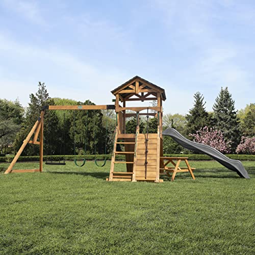 Backyard Discovery Endeavor II All Cedar Wood Swing Set Playset for Backyard with Gray Wave Slide Climbing Wall with Rope Picnic Table Double Wide Backyard Discovery