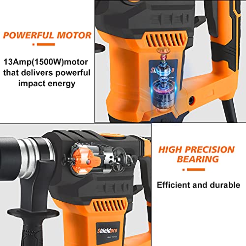 SHIELDPRO 1-1/4 Inch SDS-Plus 13 Amp Rotary Hammer Drill Heavy Duty, Safety Clutch 3 Functions with Vibration Control,Including Grease, Flat Chisels, SHIELDPRO