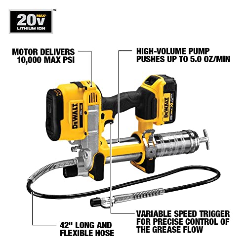 DEWALT 20V MAX Grease Gun Kit, Cordless, 42” Long Hose, 10,000 PSI, Variable Speed Triggers, Battery and Charger Included (DCGG571M1), Yellow, V11 DEWALT