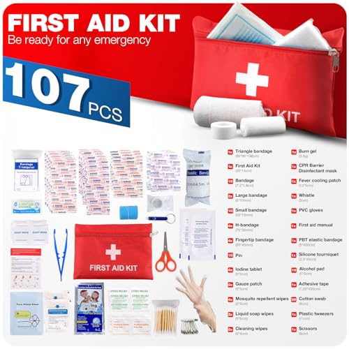 First Aid Kit for Home Car Travel 107 Piece Mini Emergency Kits for Hiking Camping Small Trauma Kit for Boat Vehicle Lightweight Compact Pocket Aid LOYEE