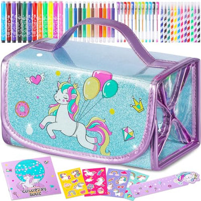 Unicorns Gifts for Girls 5 6 7 8 9 Year Old, Coloring Markers Set with Unicorn Pencil Case, Unicorn Art Supplies for Art Coloring, Craft Drawing Toy