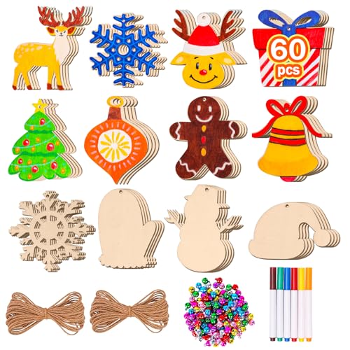 Max Fun 60Pcs Christmas Wooden Ornaments Unfinished Predrilled Wood Slices Circles for Crafts Xmas Holiday Hanging Decoration in 12 Shapes Max Fun
