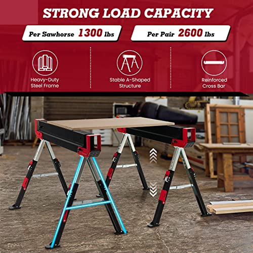 Goplus Saw Horses 2 Pack Folding, Heavy Duty Steel Sawhorse w/24”-32.5” Adjustable Height, 2x4 Supporting Arms, 2600LBS Capacity, Support Pegs, Goplus